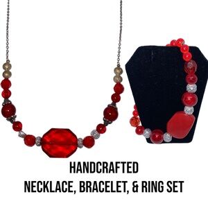Handcrafted Beaded Necklace, bracelet, and ring set Red and Silver size 6